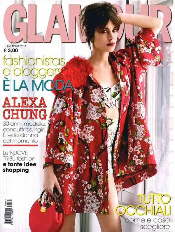 Alexa Chung covers Glamour Italy April 2014 in a Dolce and Gabbana dress