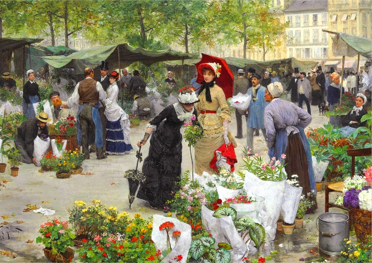 bumble button 1880's Paintings of Paris Flower Markets by Victor