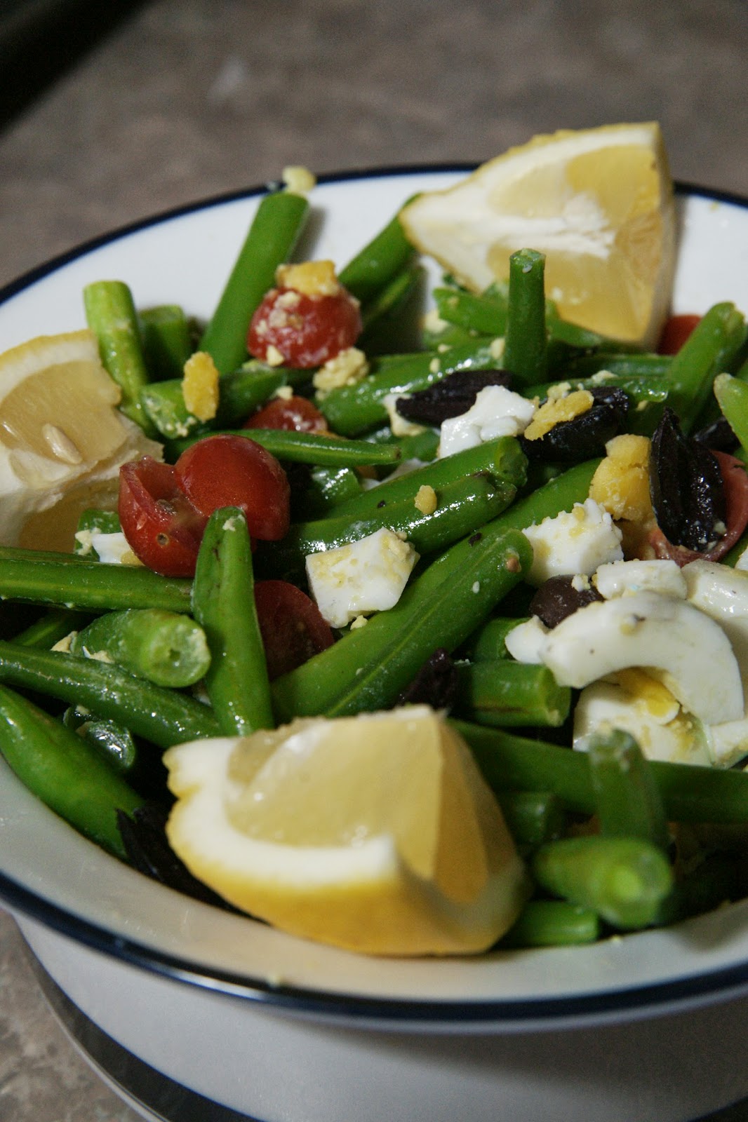 Savory Sweet and Satisfying Green Beans with Tomatoes, Olives and Eggs