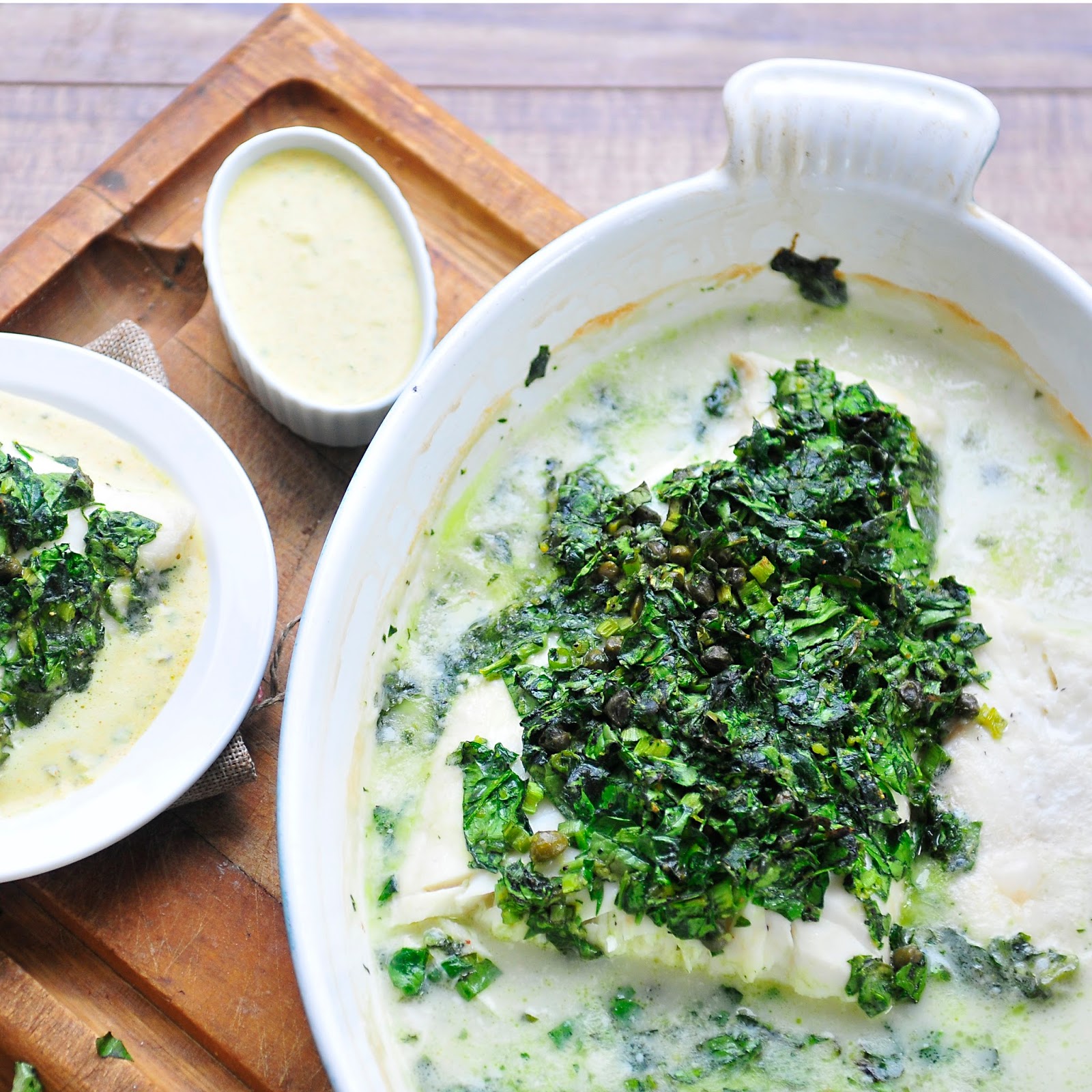 Simply Gourmet Oven Poached Halibut with Spinach, Parsley, and Capers
