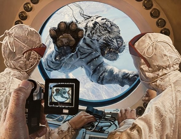 As surreais pinturas hiper-realistas com animais gigantes de Caleb Brown Caleb Brown pinturas surreais hiper realistas animais gigantes