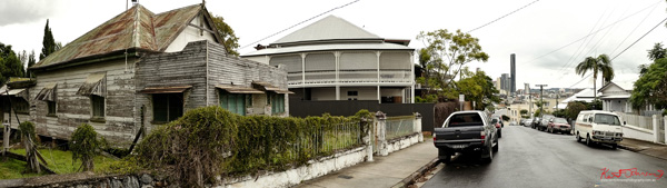 A panoramic view of Victorian era Queenslander houses and the view back to Brisbane city from the top of Teneriffe hill. Photo by Kent Johnson. A panoramic view of Victorian era Queenslander houses and the view back to Brisbane city from the top of Teneriffe hill. Photo by Kent Johnson.