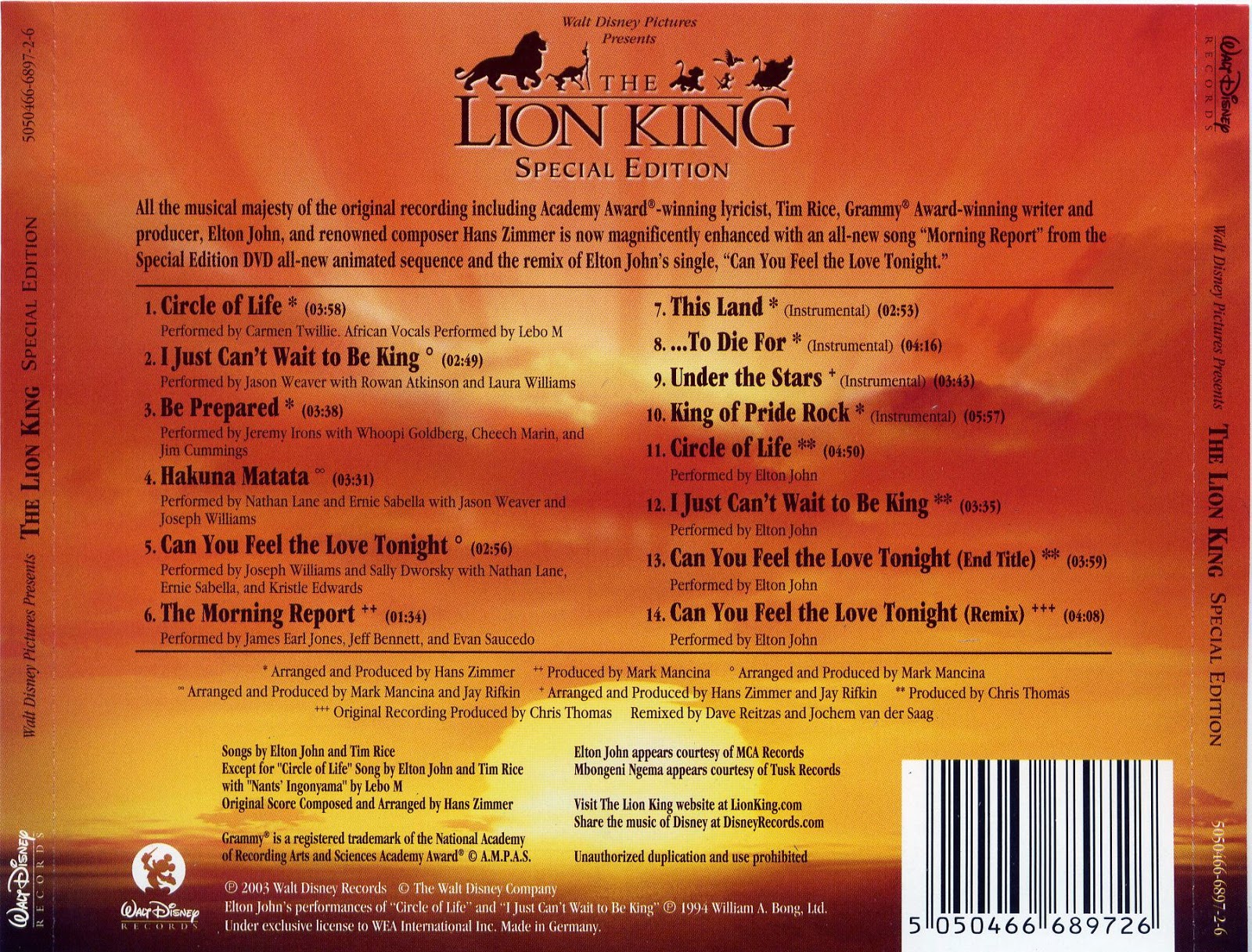 The Lion King (El rey león) Música de cine; Bandas sonoras de películas