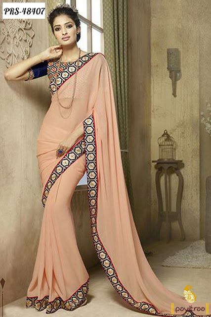 Wedding wear and Diwali special trendy peach georgette embroidery saree online shopping with discount price offer at pavitraa.in