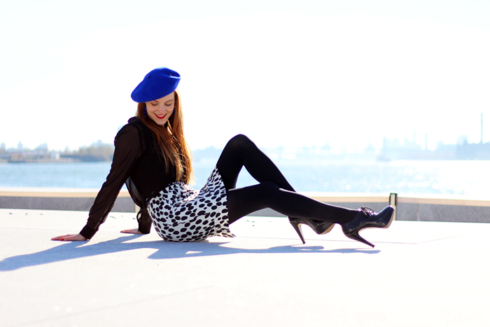 New York Fashion Blogger outfit with cobalt blue beret, red hair and dalmatian print skirt