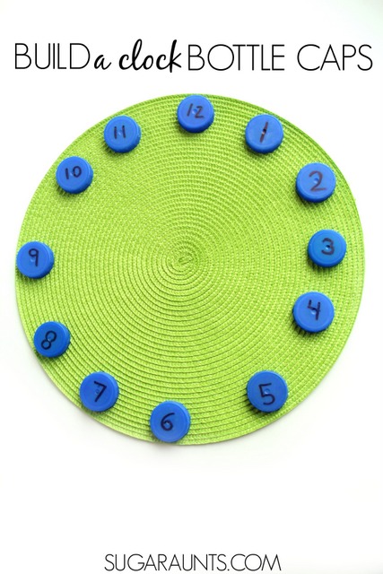Teach kids how to tell time with hands on learning in this first grade or second grade time telling activity using recycled bottle caps. Build a clock and practice telling time!