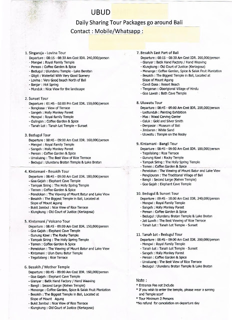 Precios para los tours en Bali 2015