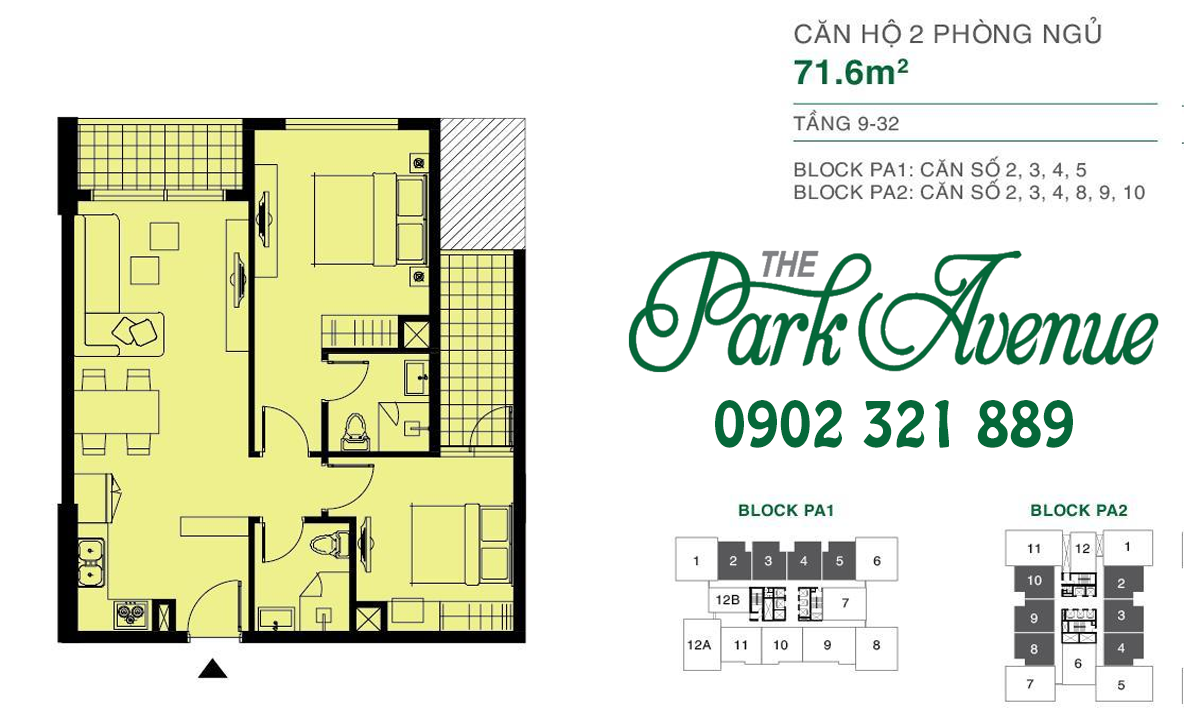 THE PARK AVENUE: View Tây Bắc THE PARK AVENUE: Mặt bằng căn hộ 2 PN - 71.6m²