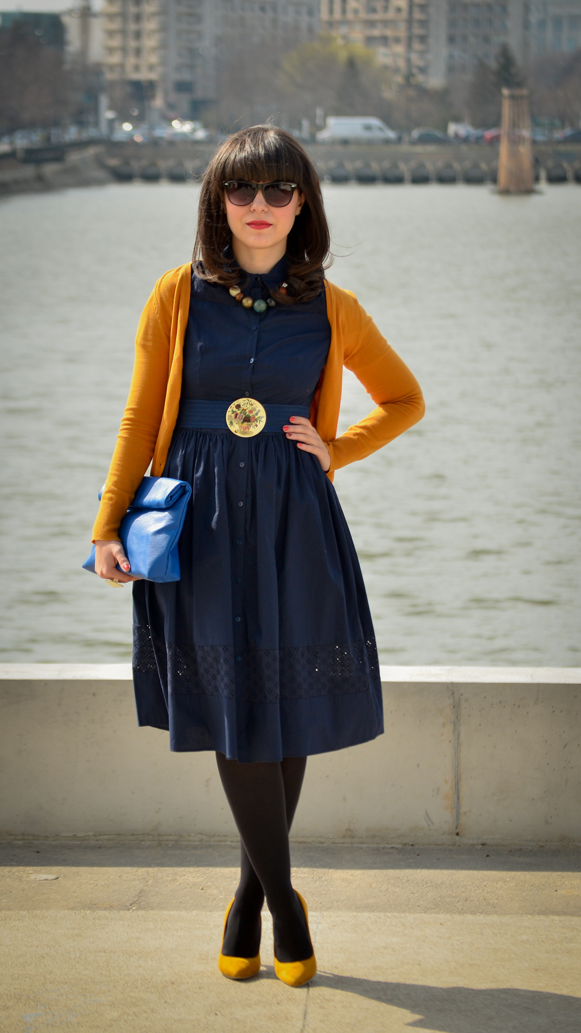 spring outfit navy dress 50s style mustard cardigan c&a thrifted belt cobalt blue clutch new yorker poema mustard heels 