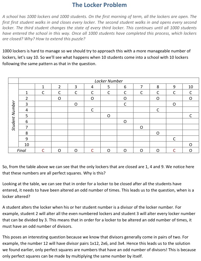 The Locker Problem Ruth and Math