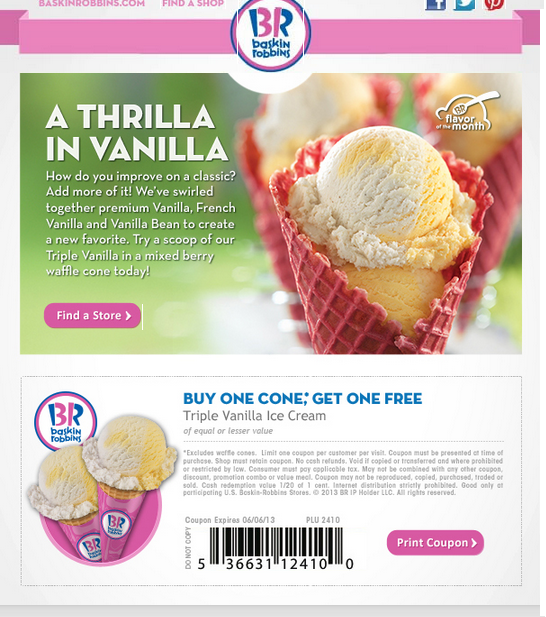 FREE IS MY LIFE COUPON BOGO FREE Baskin Robbins Triple Vanilla Ice Cream Cones ENDS 6/6