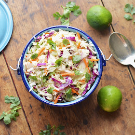 This Mexican cole slaw is lightened up with fresh lime juice and cilantro and takes about 5 minutes to make.