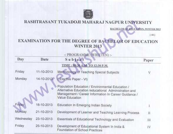 B.Ed. Winter 2013 Timetable RTM Nagpur University