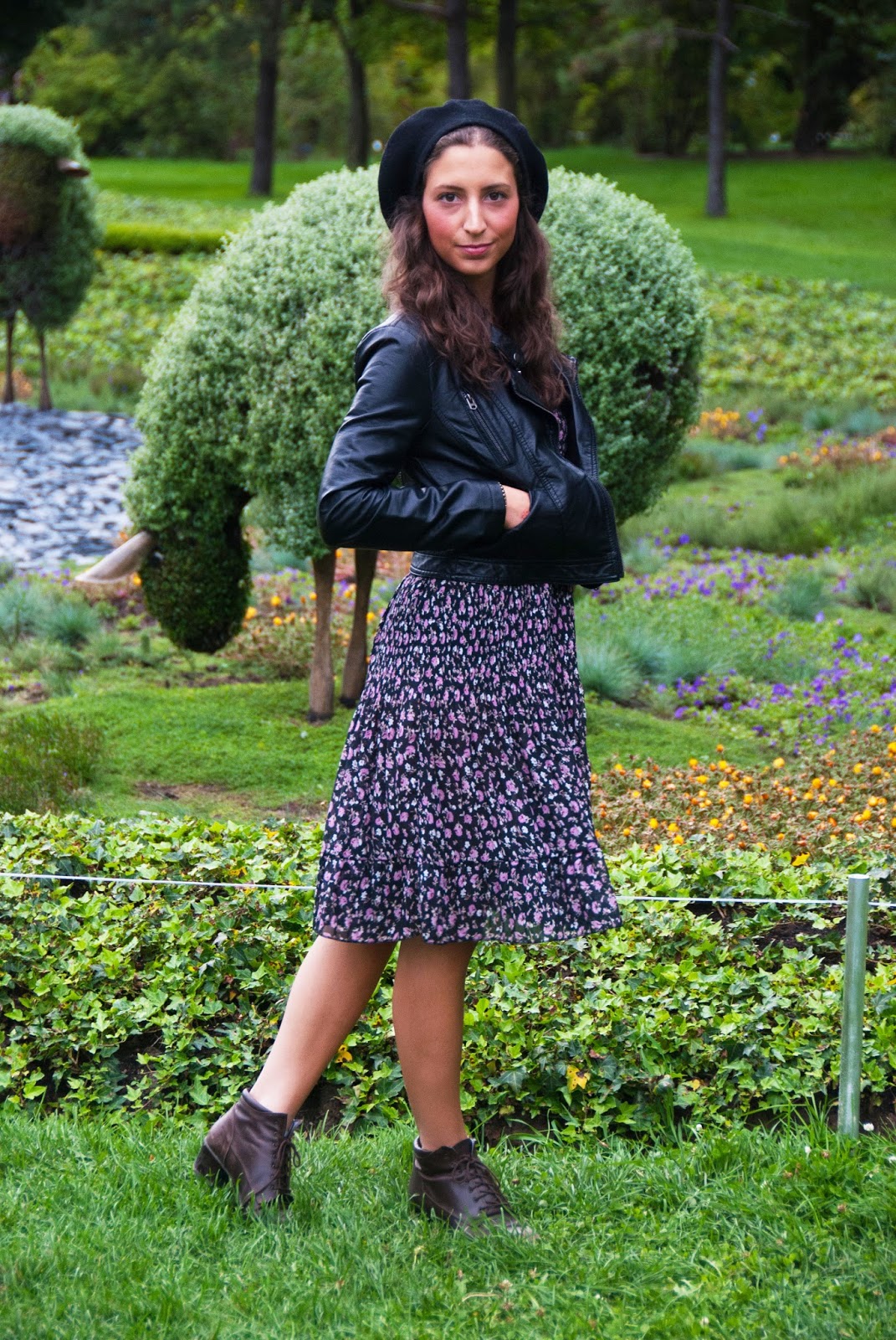 floral dress leather jacket black beret brown booties vintage horticultural sculptures fashion botanical gardens