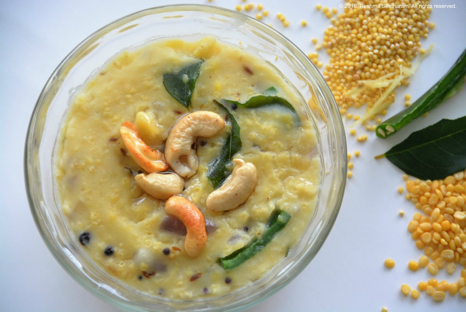 Khara millet pongal a spicy porridge of millets, lentils, peppers and
