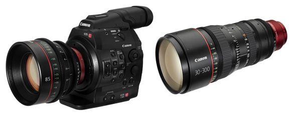 One of Canon's new EF Cinema Zoom PL-mount lenses,CN-E30-300mm T2.95-3.7 L SP, The EOS C300 will accept a variety of lenses, including Canon's upcoming 85mm Prime