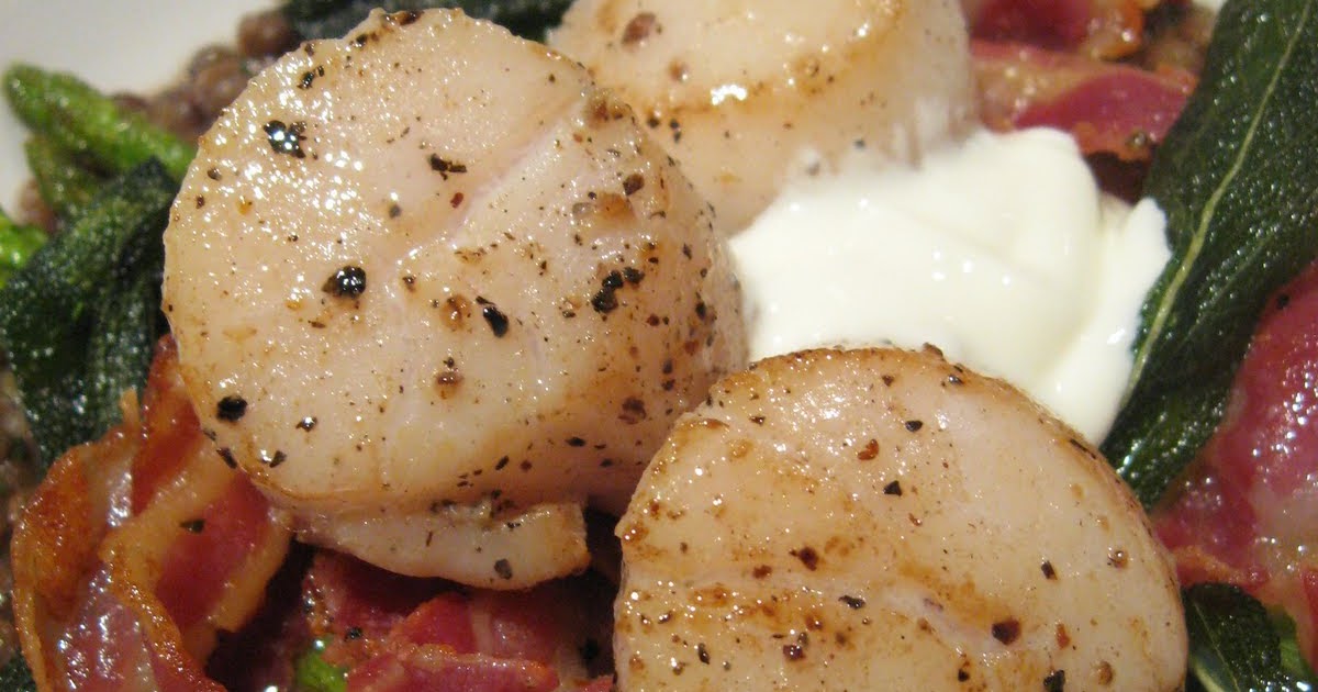 Morsels and Musings scallops w lentils, pancetta & sage