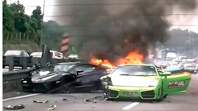 Nach einem Unfall gingen gleich drei Lamborghinis in Flammen auf - zwei Lamborghini Gallardos und ein Lamborghini Aventador