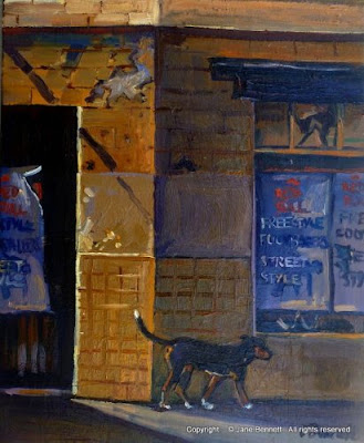 Plein air painting of old ex-milkbar/bakery  in Harris Street Pyrmont by industrial heritage artist Jane Bennett