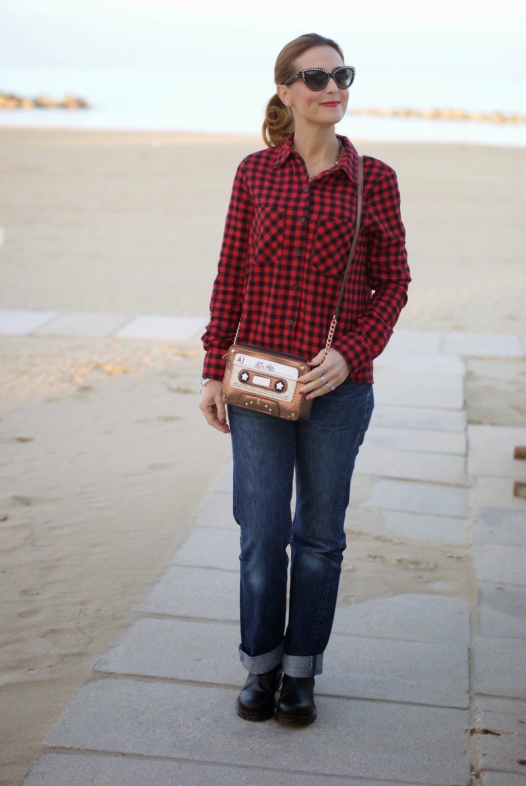 Buffalo plaid shirt, Levi's 501 jeans, accessorize 80s hits bag, Fashion and Cookies, fashion blogger, chelsea boots