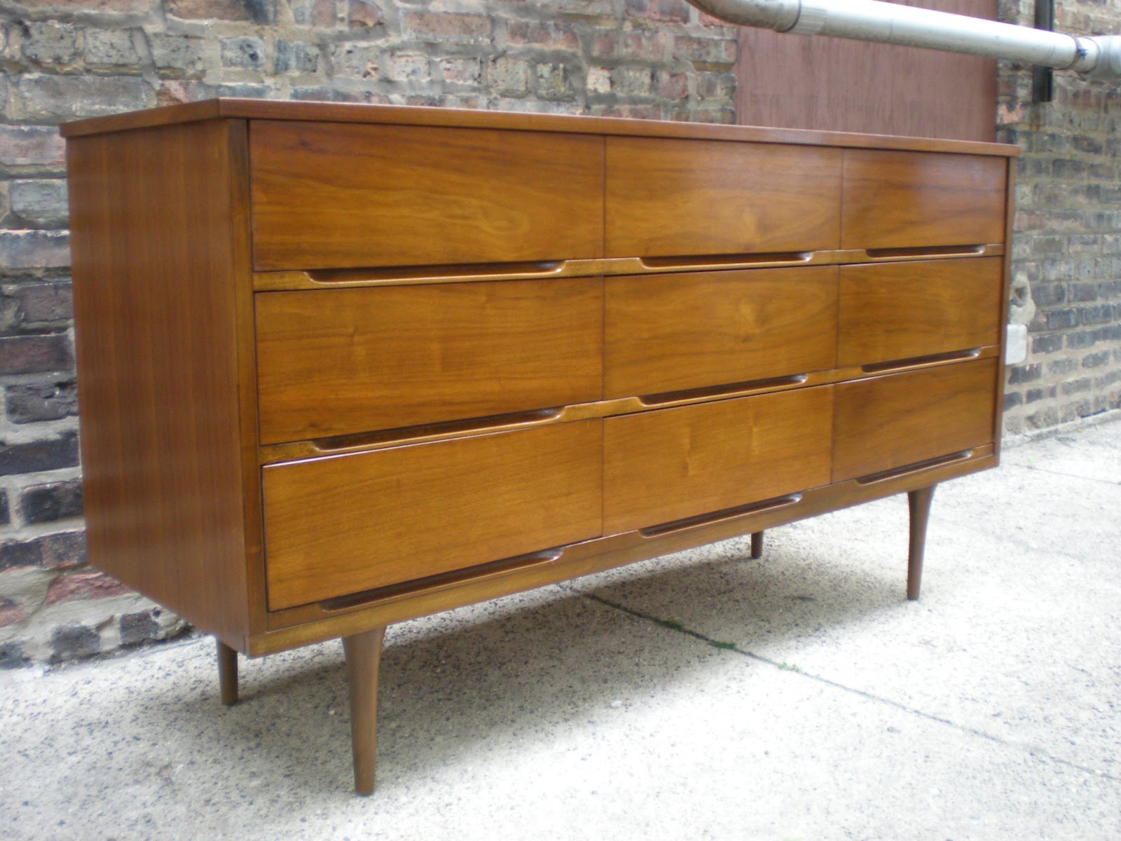 Mid Century Chicago 4 Piece Walnut Bedroom Set Highboy, Lowboy