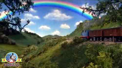 Magical at the end of a bright and beautiful multicolored rainbow in the sky Thomas the tank engine