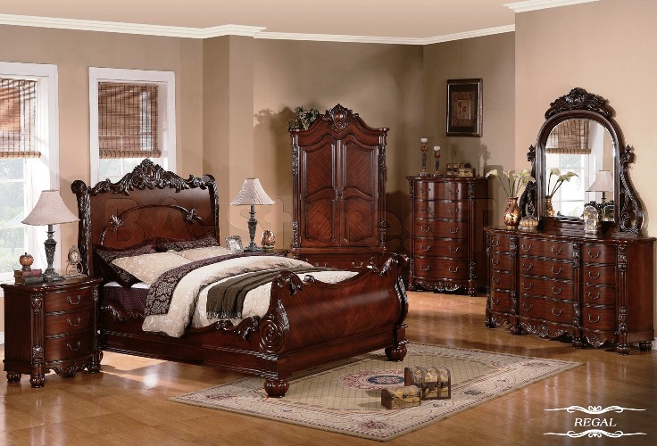 TRADITIONAL Dark Cherry Bedroom Glossy FURNITURE With Antique Table traditional dark cherry bedroom glossy furniture with antique table lamp, cupboard and mirror elegant classic - TRADITIONAL Dark Cherry Bedroom Glossy FURNITURE With Antique Table