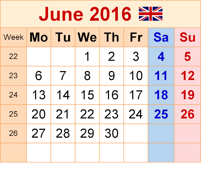 June 2016 Calendar with UK Holidays Free, June 2016 Printable Calendar Cute Word Excel PDF Template Download Monthly, June 2016 Blank Calendar Weekly
