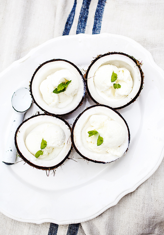 Ice cream in coconut shell bowls. Photo by Kara Rosenlund