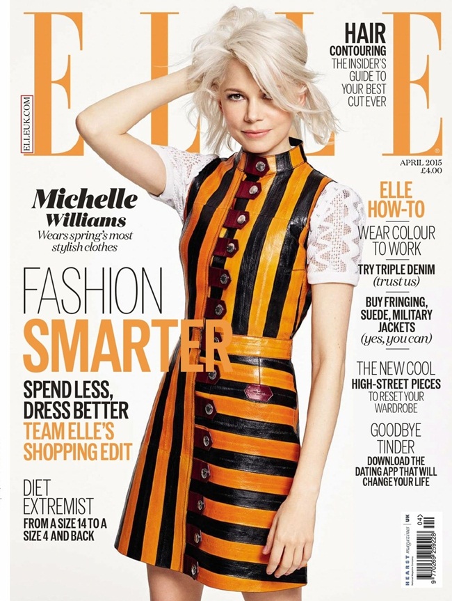 Elle UK April 2015, Michelle Williams Louis Vuitton SS 2015 Deep Yellow Stripes Dress Editorials