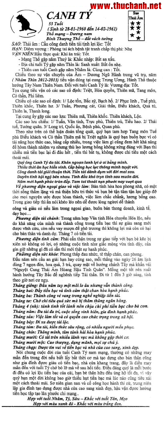 CANH TÝ NỮ MẠNG - THÁI ẤT TỬ VI 2012 NHÂM THÌN