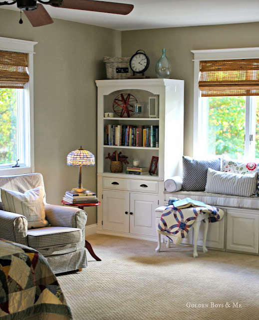 Built in bookshelf master bedroom via www.goldenboysandme.com