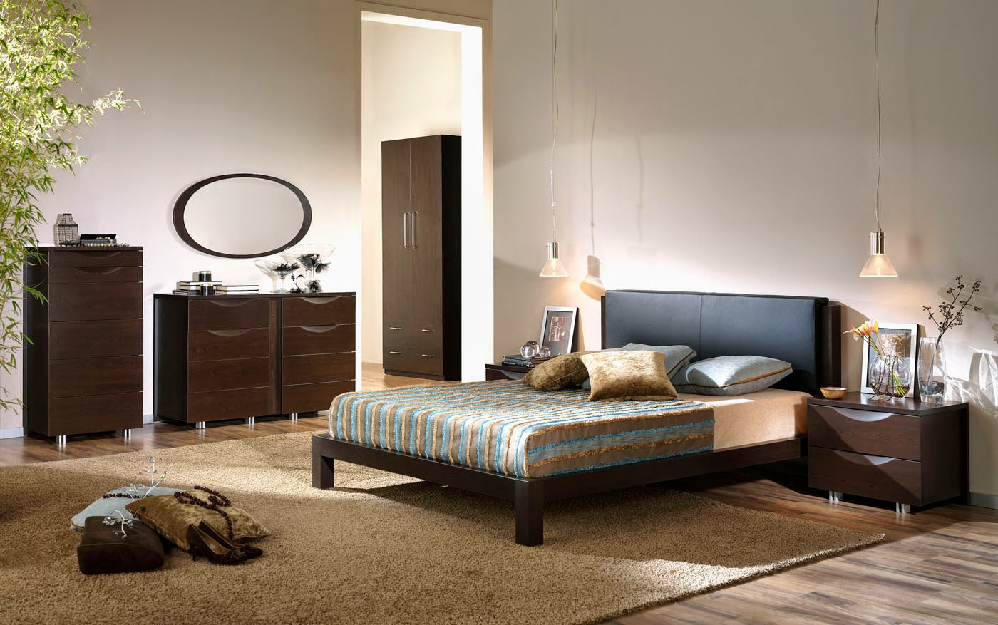 luxury brown bedroom interior decoration: lighting, patterns and large painting