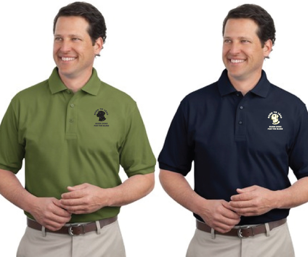 stock image of the same man wearing both the clover green shirt and the navy shirt with born to lead design on left chest