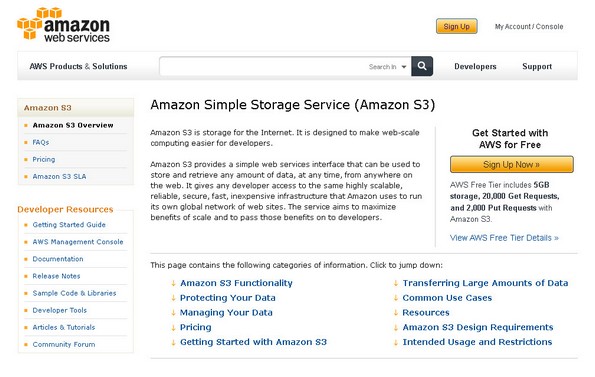 Amazon S3 home page
