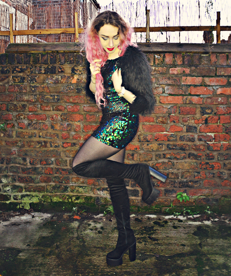 sequin dress with knee high boots