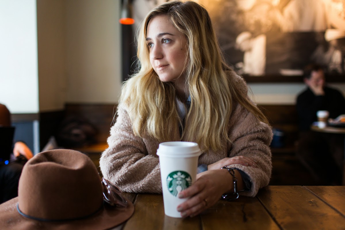 snow, day, outfit, starbucks, furry coat, brown boots, brown hat, mansur gavriel bucket bag, dc, style, blogger