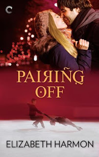 Pairing Off by Elizabeth Harmon Cover description: On the top half of the cover a man and a woman in winter gear smile at each other and are about to kiss; on the bottom half of the cover and a pair of figure skater are on the ice. The background is red.