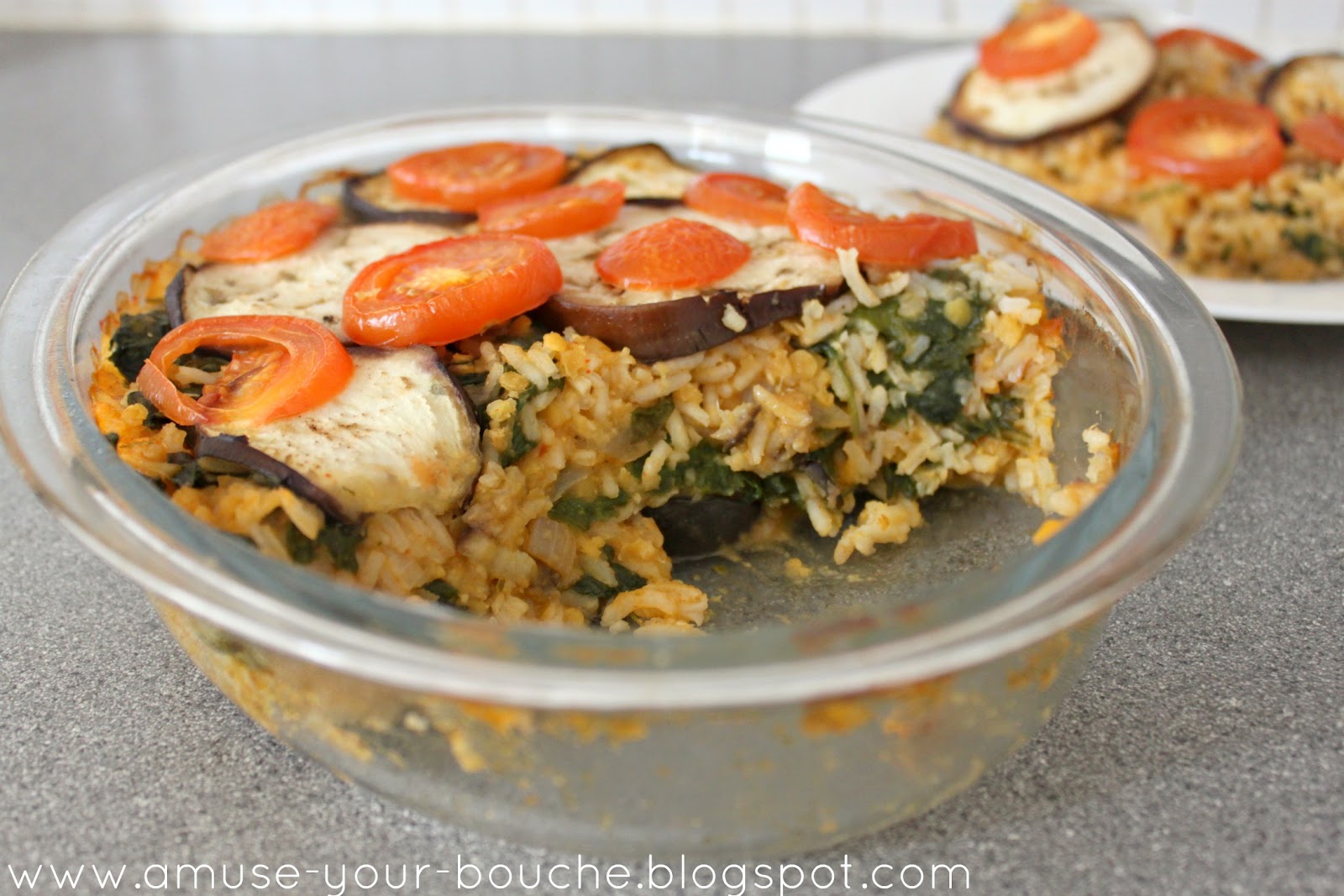 Rice and lentil bake with aubergine and tomatoes Amuse Your Bouche