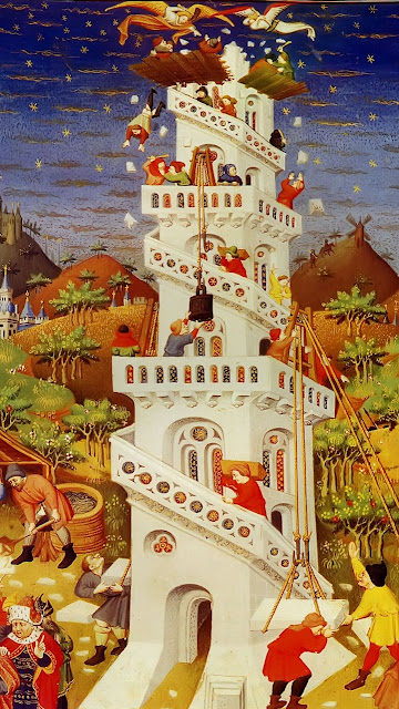 Anjos dispersam os construtores da Torre de Babel,  Bedford Book of Hours