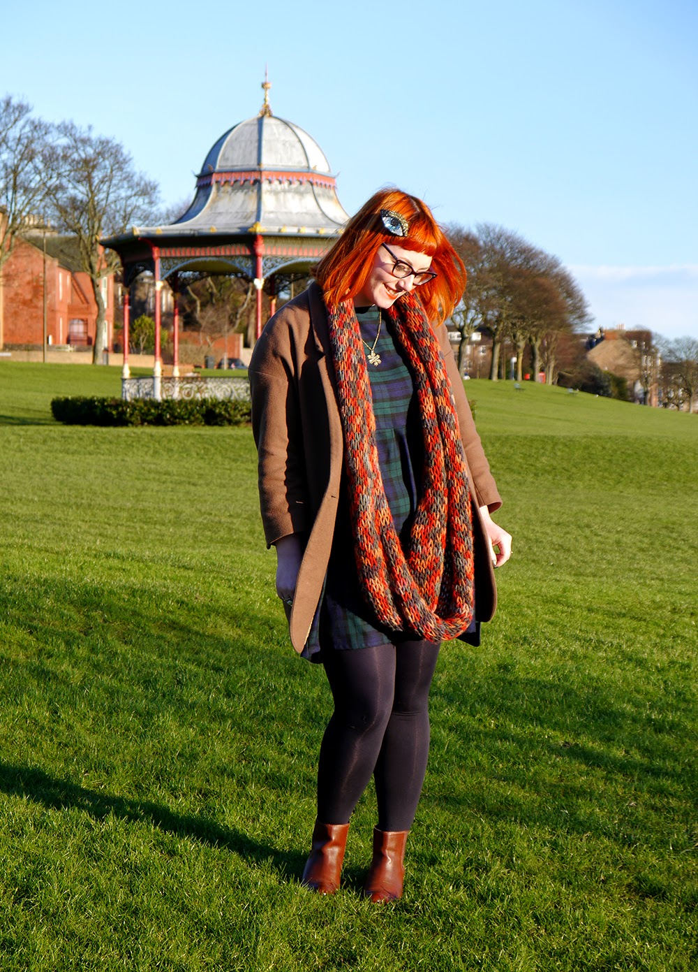 Scottish blogger, winter outfit, Luna on the Moon eye, Bonnie Bling snowflake necklace, Handknitted circle scarf, Vintage Style Me tartan dress, Zara brown ankle boots, Accessorize clutch bag, Red head, ginger, winter sun 