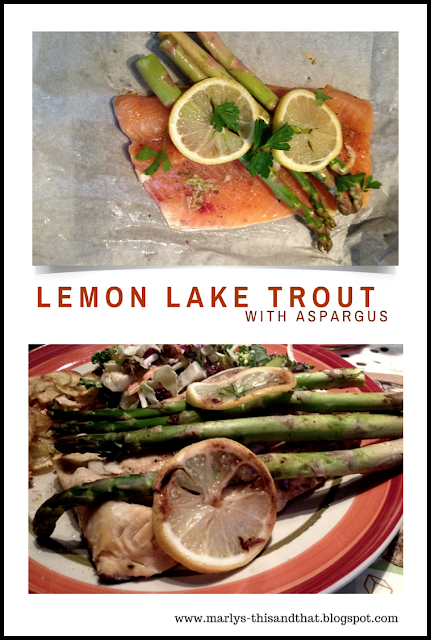 This and That/ Bake Lake Trout and asparagus with lemon, anise, garlic and parsley in parchment paper.  Fish is moist, tender and full of flavour, asparagus has just the right amount of crunch to it.