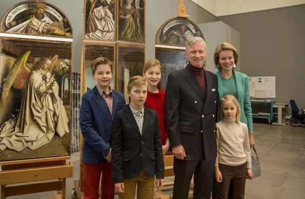 King Filippe and Queen Mathilde of Belgium, their children Crown Princess Elisabeth, Prince Gabriel, Prince Emmanuel and Princess Eleonore visited restoration workshop of Ghent Fine Arts Museum.