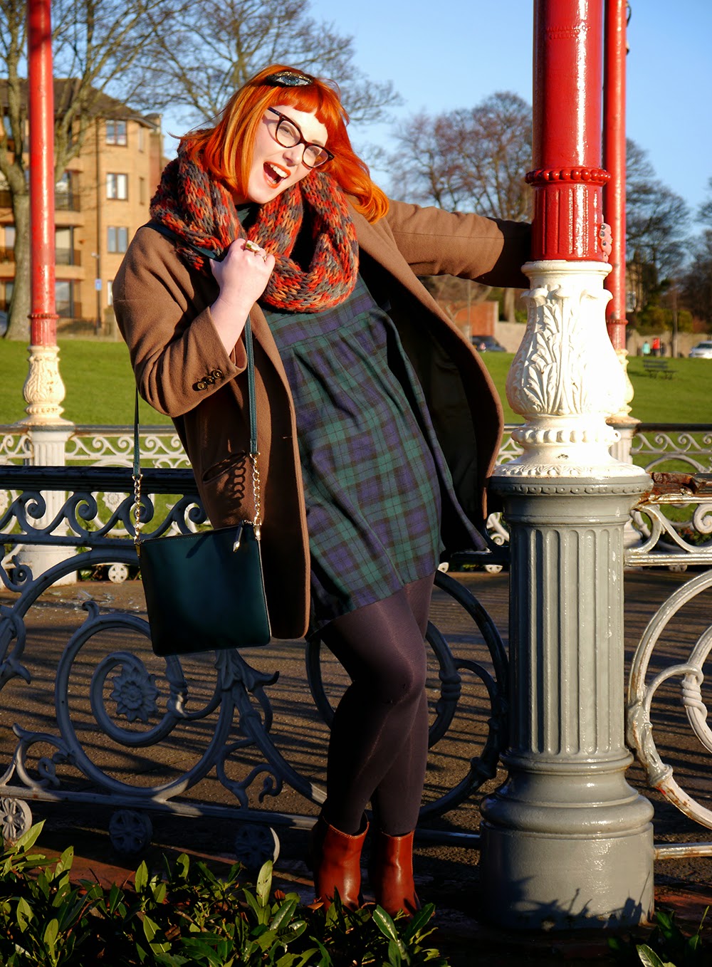 Keeping warm in style Scottish blogger, winter outfit, Luna on the Moon eye, Bonnie Bling snowflake necklace, Handknitted circle scarf, Vintage Style Me tartan dress, Zara brown ankle boots, Accessorize clutch bag, Red head, ginger, winter sun