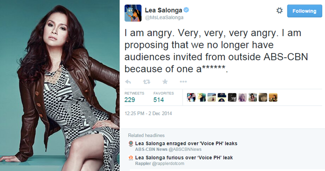 Coach Lea Salonga's Feedback on the Leak of The Voice Battle Round Results for December 6, 2014 Coach Lea Salonga's Feedback on the Leak of The Voice Battle Round Results for December 6, 2014