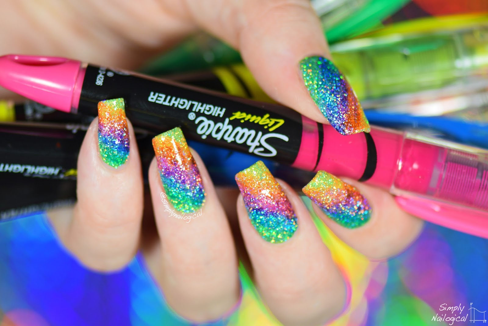 Simply Nailogical Sparkly highlighter rainbow nail art