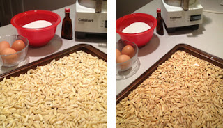 Side by side images of almonds, raw and toasted for the pignoli cookies