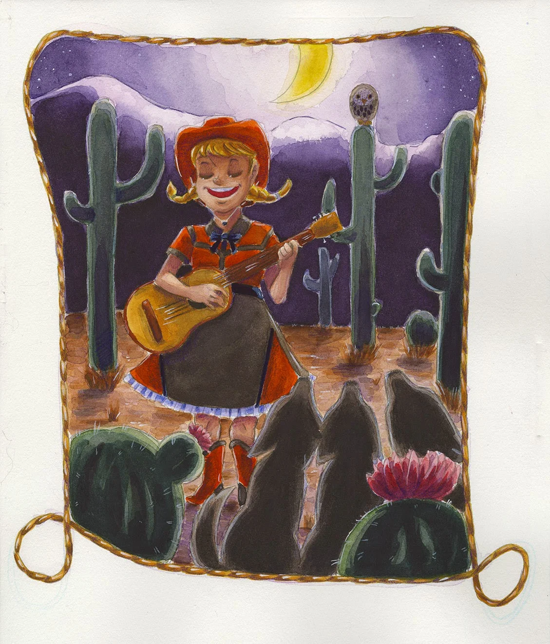 watercolor, Nattosoup Studio, illustration, cowgirl, western wear, coyotes, guitar