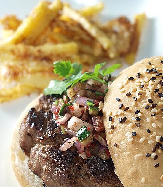 ping's pickings Mutton Burger with Quince Salsa & Oven Baked Cheese Fries
