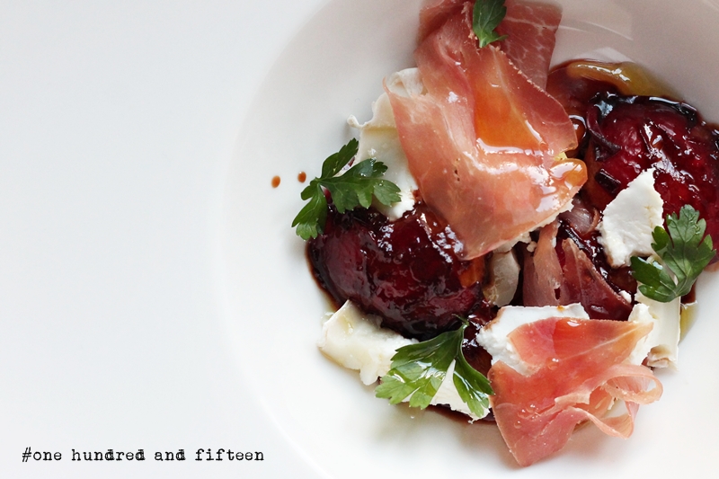 Delicious Tapas Parma ham with balsamic vinegar glazed plums & goat